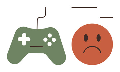 Green gaming controller next to sad red face suggesting frustration, difficulty, or disconnection. Ideal for gaming, frustration, challenge, failure, emotions, user experience and technology themes