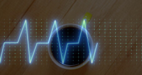 Featuring white coffee mug resting on cafe tabletop, with glowing blue digital grid, ECG waveform © vectorfusionart