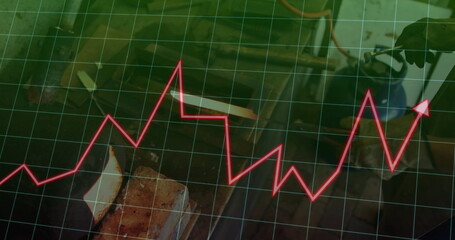 Pressing gloved hand shaping block on workshop bench vise, with grid and red graph, copy space