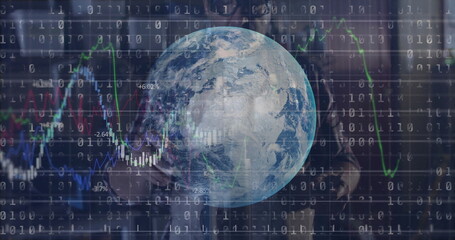 Standing man in suit, tie overseeing Earth globe in data grid, with binary code and candlesticks
