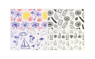 Italian summer getaway illustration featuring Amalfi coast stamps, citrus trees, beach cocktails, seafood, sailboats, palm trees, and sunny island adventures