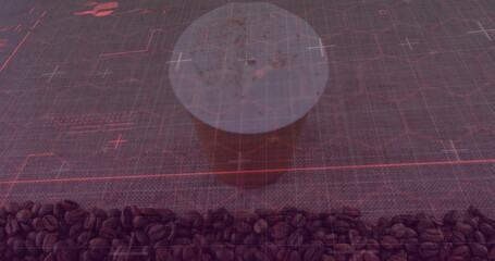 Resting disposable coffee cup showing frothy coffee on woven surface, beans, red grid overlay