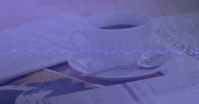 Fototapeta Displaying white coffee cup on saucer with spoon amid newspapers in cafe with waveform overlay
