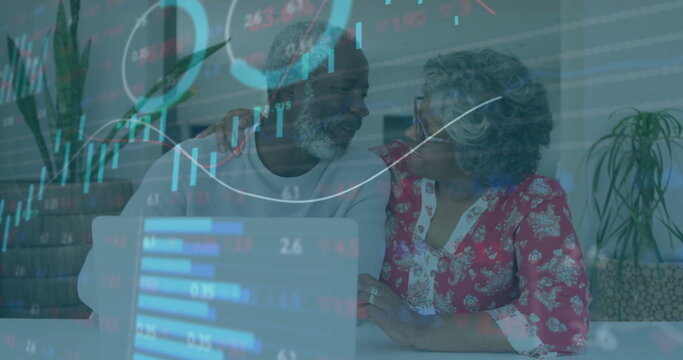 Reviewing senior couple studying investment data on laptop at home with potted plants