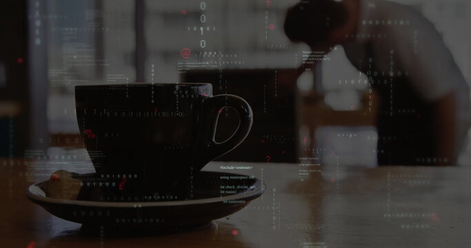 Naklejki Showing coffee cup with biscuit on saucer on wooden table in cafe, with binary code overlay