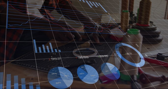 Craftsman in checkered shirt measuring leather on green cutting mat in workshop, with data overlay