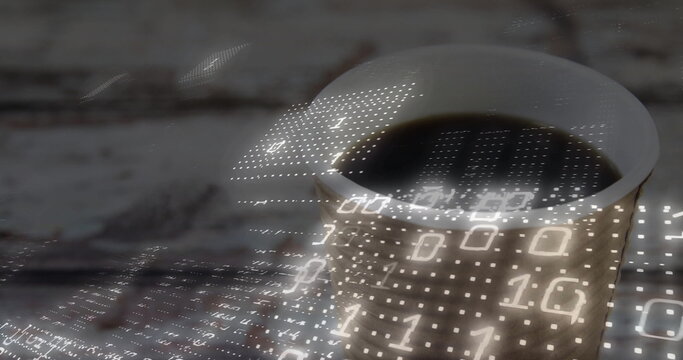 Fototapeta Sitting paper coffee cup revealing dark coffee on tabletop at cafe, with binary code overlay