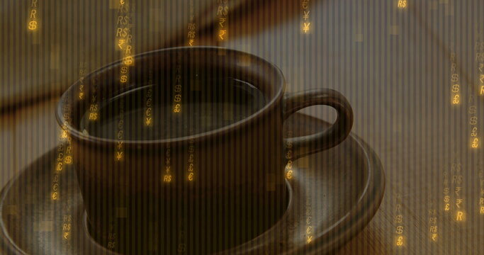 Fototapeta Resting dark ceramic coffee cup on wooden tabletop, with glowing golden currency symbols streaming