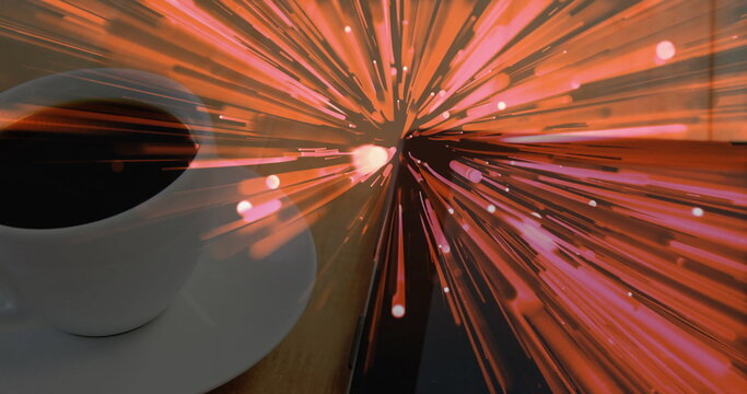 Fototapeta Displaying white ceramic coffee cup resting on wood table, with red-orange light trails, copy space