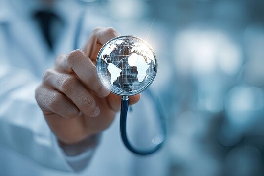 Doctor examining global health, digital world map in stethoscope, hospital background, healthcare concept