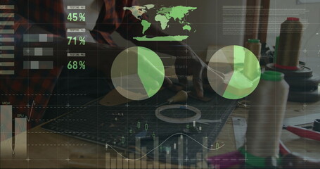 Trimming artisan cutting material with rotary cutter on grid mat at craft bench, data overlays