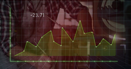 Man in checkered shirt apron marking measurements on plank at workshop, with pencil, graph overlay