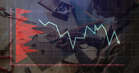 Crafting workshop artisan cutting leather pieces at wooden workbench, with digital graph overlay