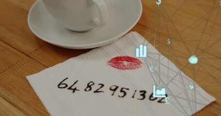 Showing coffee cup and napkin with lipstick stain and number on café table with network overlay © vectorfusionart