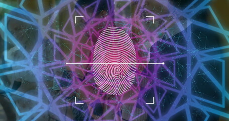 Intersecting fingerprint icon with horizontal scan line in security interface, with data nodes
