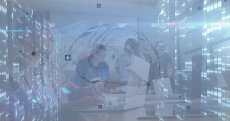 Leaning professionals wearing work attire pointing at laptop screen in office, with data overlays