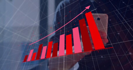 Standing professional holding smartphone at office, with ascending red pink 3D bar chart and arrow