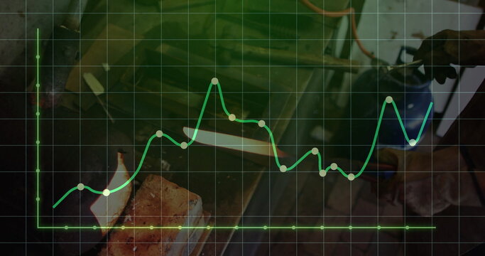 Forging metalworker holding glowing billet with tongs on fire brick anvil, data overlay, copy space - Powered by Adobe