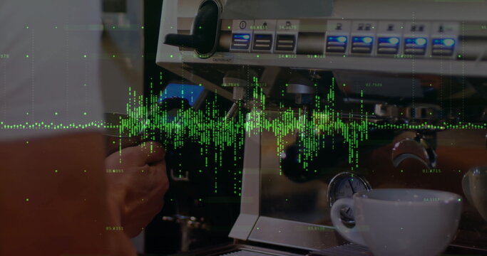 Gripping barista hand attaching portafilter onto espresso machine in cafe, with waveform overlay - Powered by Adobe