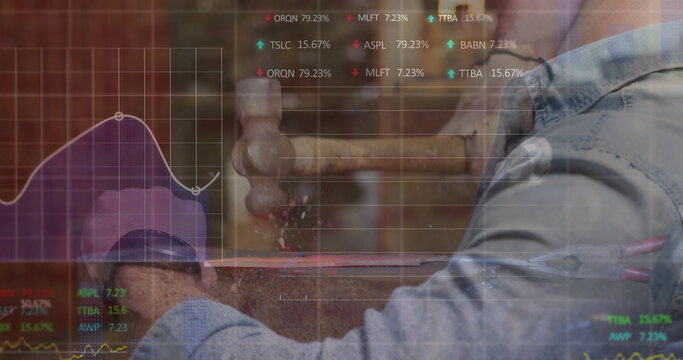 Blacksmith wearing gloves hammering metal on anvil in workshop, with finance data overlay