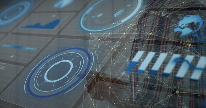 Displaying circular holographic interface floating above grid with HUD charts and globe, copy space