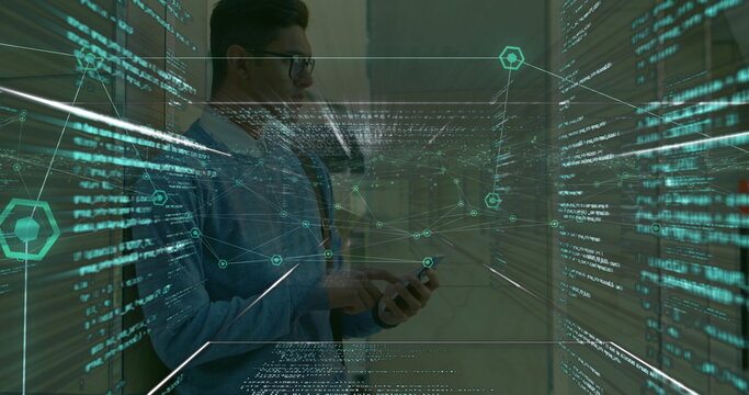 Interacting man in business attire analyzing holographic code on smartphone in office corridor - Powered by Adobe