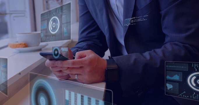 Businessman in suit reviewing holographic charts on smartphone at café, with coffee and pastry