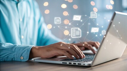 Professional using laptop with digital document icons, representing data and technology connections