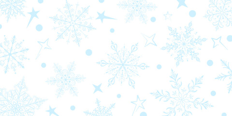 A vibrant Christmas illustration featuring large intricate snowflakes in various designs, interspersed with stars and small circles, light blue on white  background.