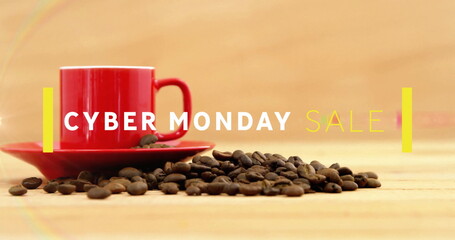 Red coffee mug on matching saucer, roasted beans sitting on tabletop, with CYBER MONDAY SALE text © vectorfusionart