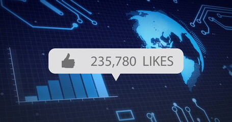 Displaying dashboard showing circuit grid and blue bar chart, world map and thumbs-up likes overlay