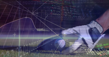 Positioning gloved hand gripping club head behind ball at golf tee, with financial graph overlays