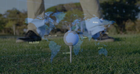 White golf ball sitting on tee at golf course, with world map overlay and golfer outfit