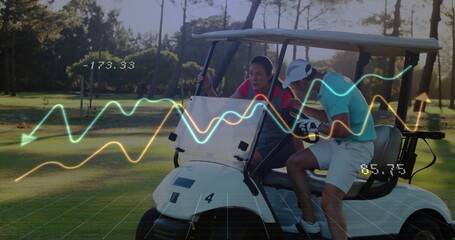 Coach and student wearing polos analyzing data in white golf cart on fairway, with tablet overlays