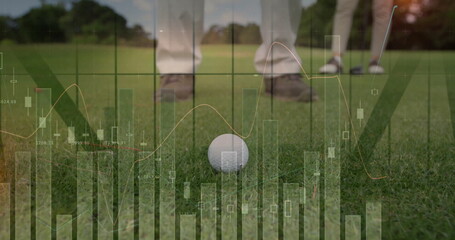 Superimposing financial charts over golf ball with clubs on putting green, blending game data
