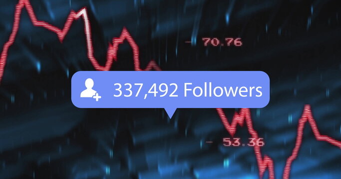 Displaying blue bubble with 337,492 Followers plus icon on UI, red line chart labels 70