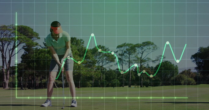 Lining up shot golfer on putting green, with club, ball, flag, analytics overlay, copy space