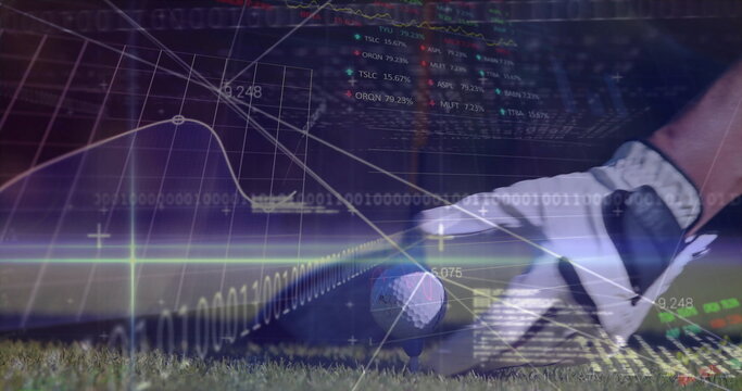 Positioning gloved hand gripping club head behind ball at golf tee, with financial graph overlays