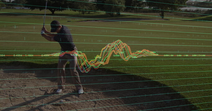 Golfer in polo shirt swinging club in bunker at golf course, overlaying grid data, copy space