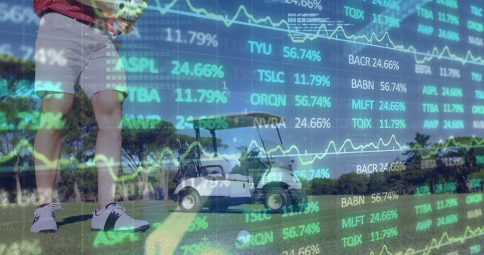 Standing golfer in red polo shirt preparing swing on golf green with stock market ticker overlay