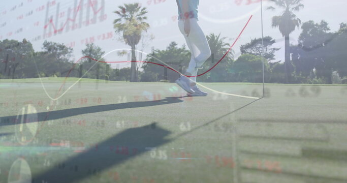 Standing woman golfer wearing white pants, shoes on putting green, with flagstick and chart overlay - Powered by Adobe