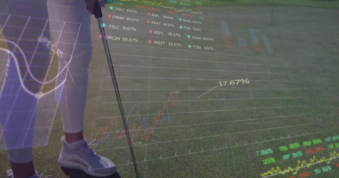 Visualizing woman golfer analyzing data overlays on putting green, with golf club, copy space