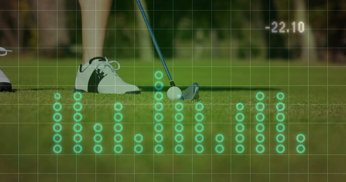 Golfer positioning club behind ball on putting green, with grid overlay and teal markers -22