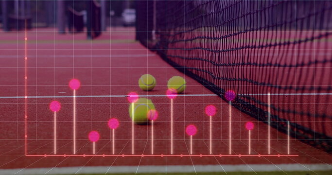 Overlaying grid and pink data points charting yellow tennis ball positions on red court, with net