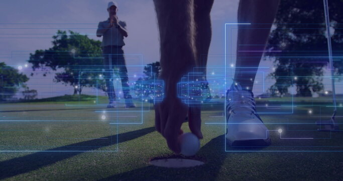 Positioning golfer's hand placing golf ball near hole on putting green, with graphic overlays