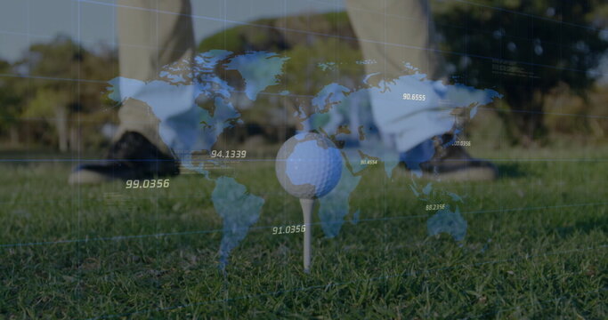 White golf ball sitting on tee at golf course, with world map overlay and golfer outfit - Powered by Adobe