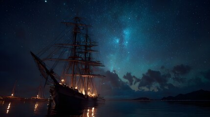 Fototapeta premium View on Tall Ship Looking Out at Starry Midnight Sky for Nautical Adventure and Romantic Travel Scenes
