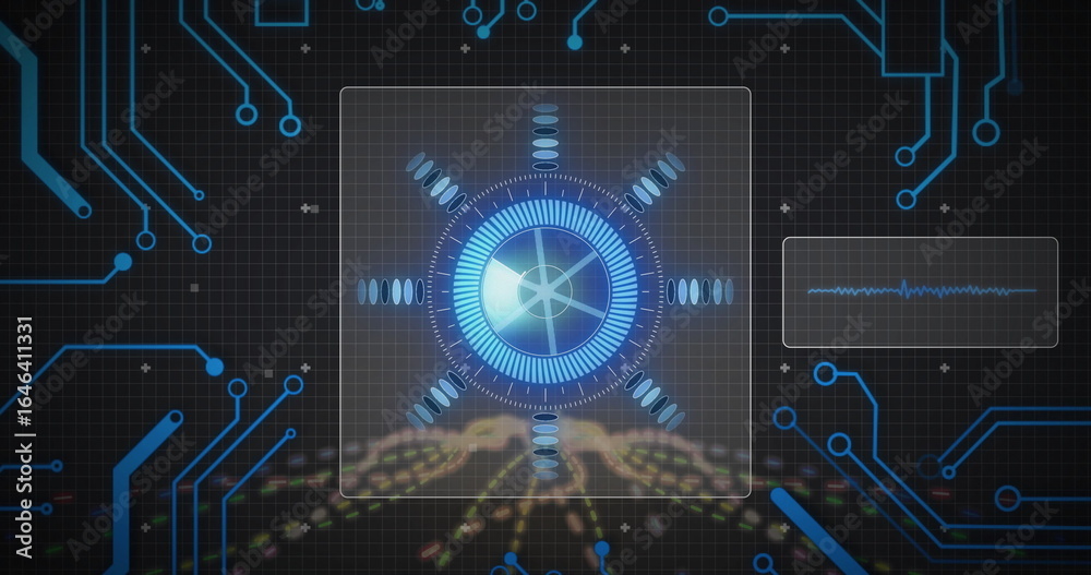 Wall mural displaying central glowing circular blue hud interface in cyber dashboard, with golden data blocks