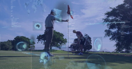 Golfers holding flagstick, lining up putt with putter on putting green in polos with data overlays