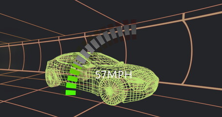 Racing neon green wireframe car through dark orange grid tunnel, with 57 MPH speed gauge